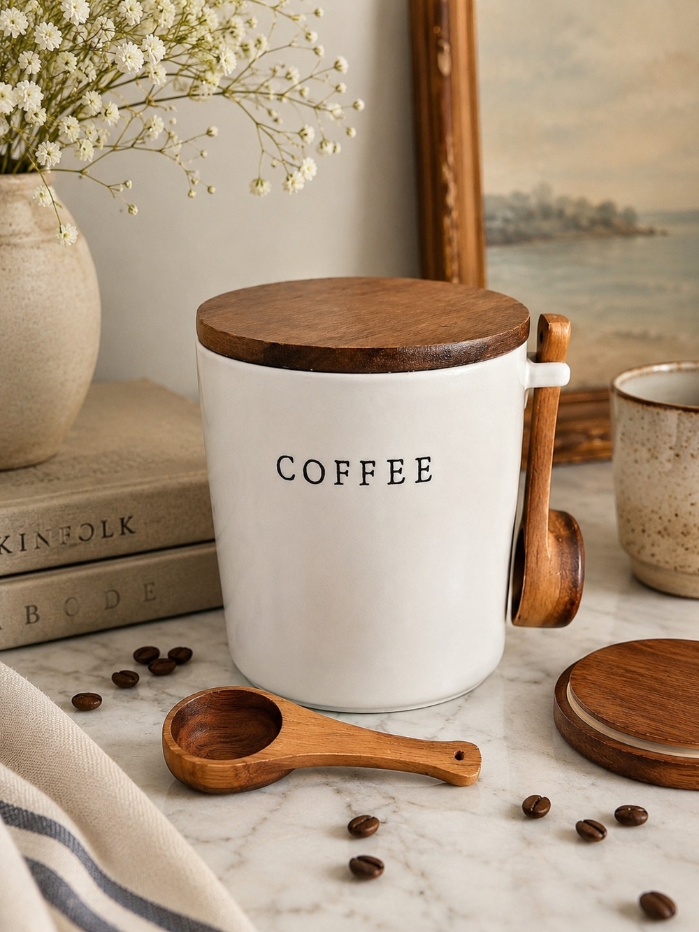Hearth‎ & Hand Magnolia Coffee Canister Wood Lid Scoop White Stoneware Farmhouse
